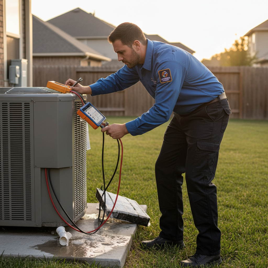 AC technician tinkering with a unit