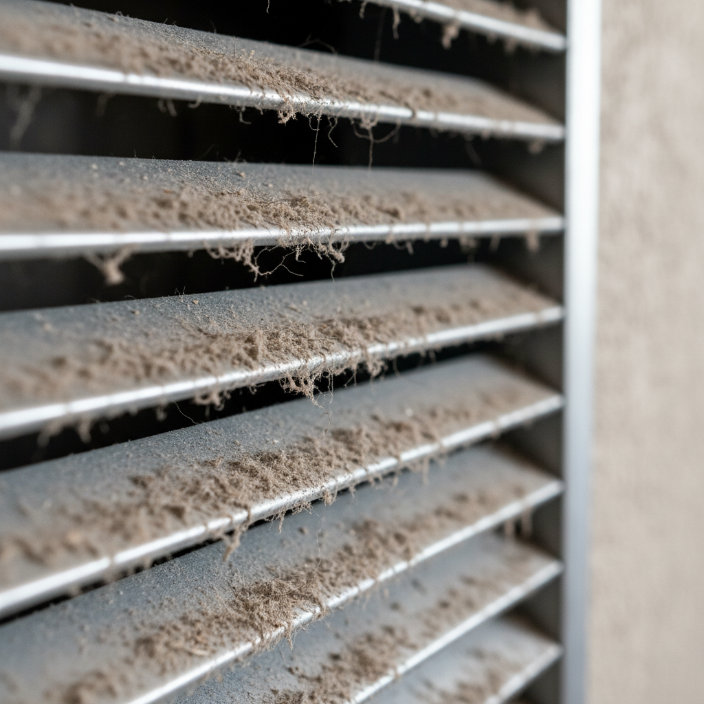 A close-up view of dusty metal ventilation slats