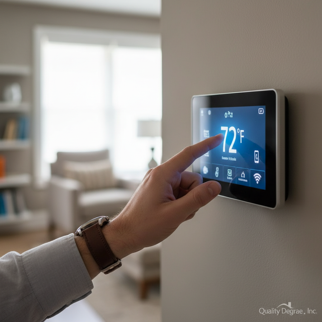 A hand adjusting a digital screen on a wall
