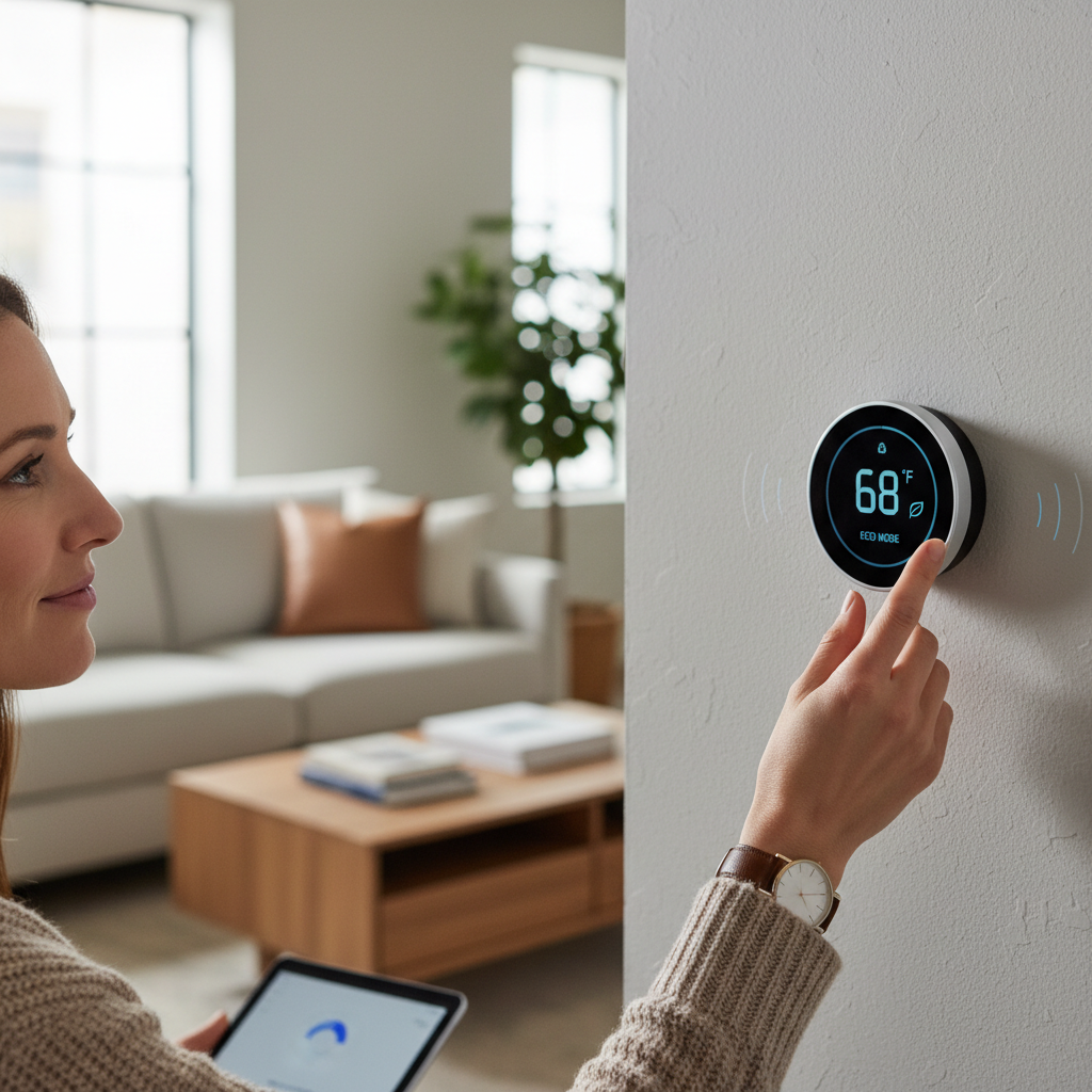 A person adjusts a sleek modern thermostat