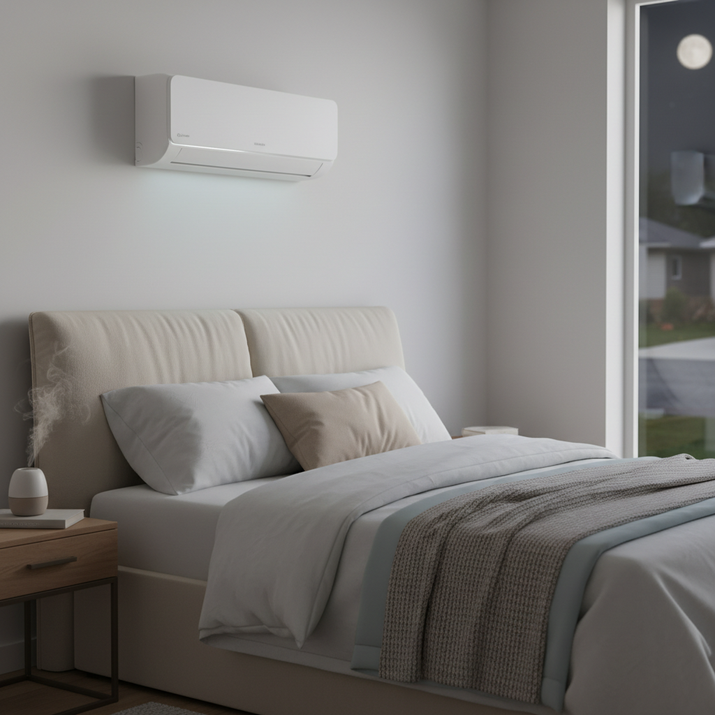 A quiet, sleek, white indoor unit mounted on a bedroom