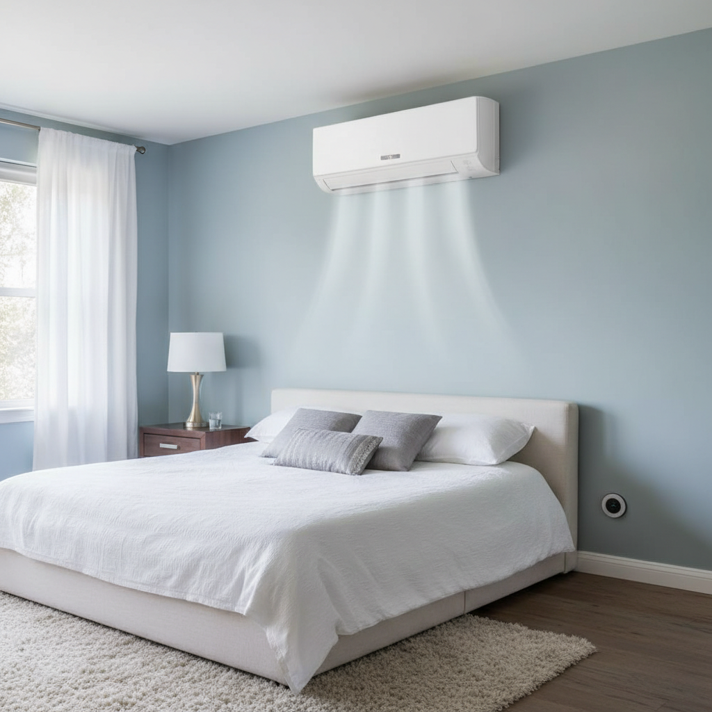 A sleek white ductless air conditioner mounted