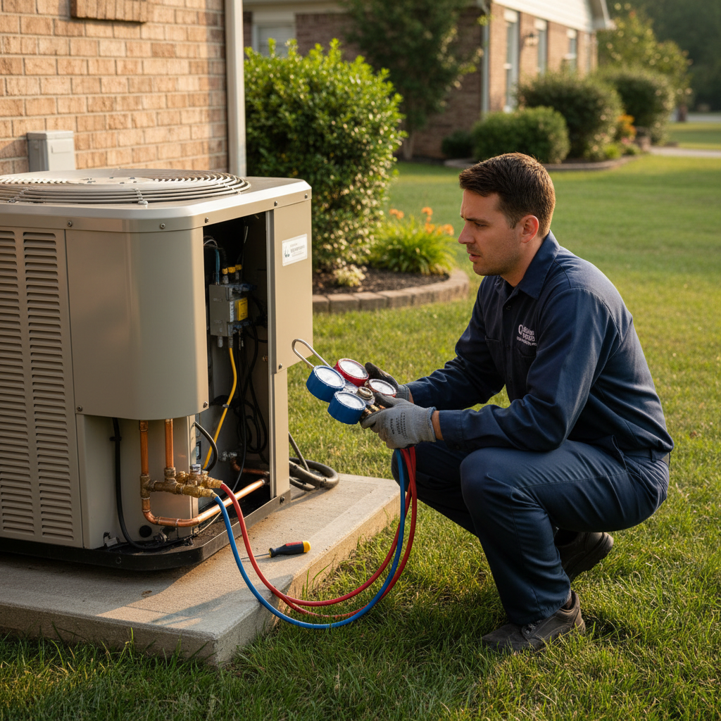 A technician inspecting a residential cooling system