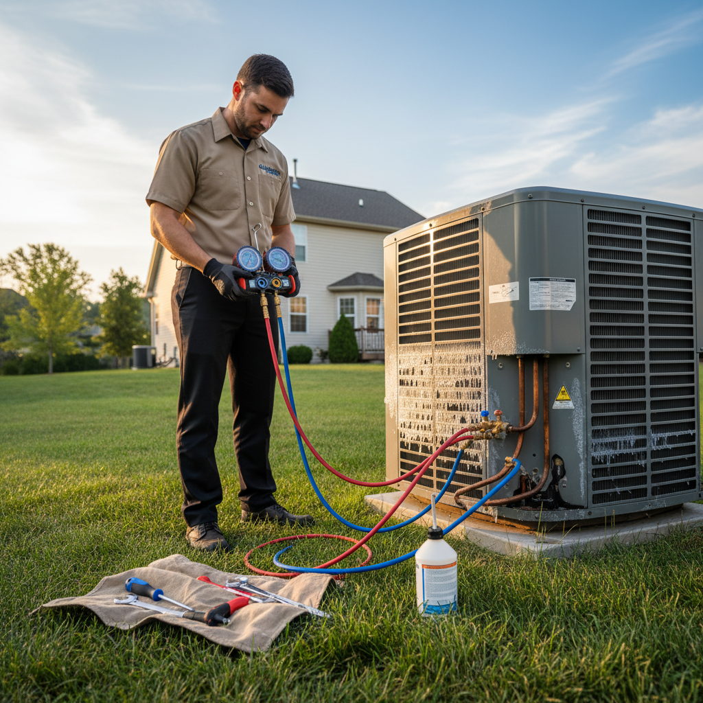 A technician using a digital manifold gauge