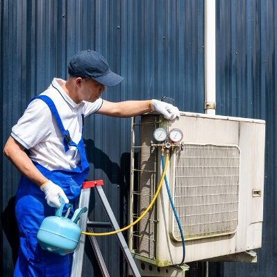 technician recharging air conditioner refrigerant